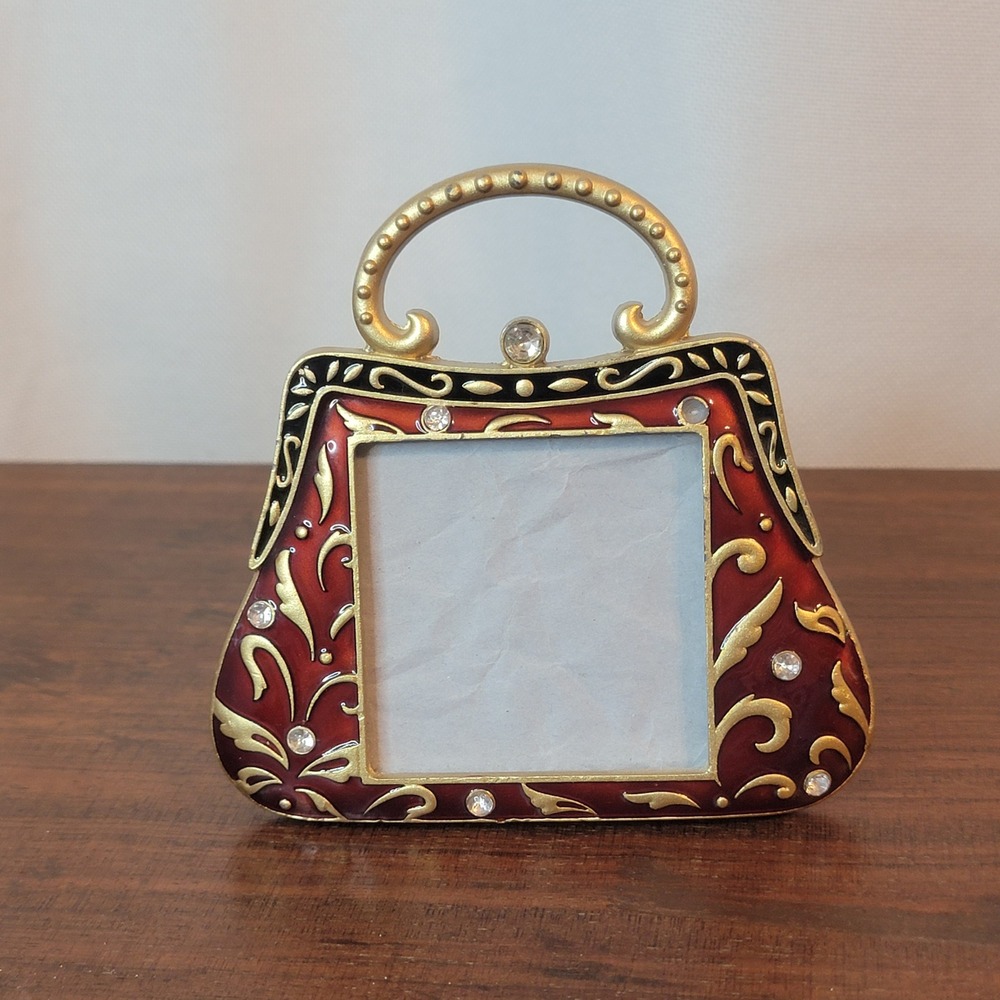 Purse Handbag Picture Frame Burgundy Red Gold Rhinestone Jewel Metal Enamel‎